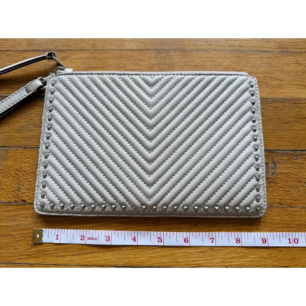 REBECCA MINKOFF Quilted Light Gray Studded Wristlet Clutch